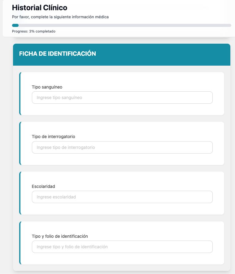 Formulario de historial clínico en OneClinic